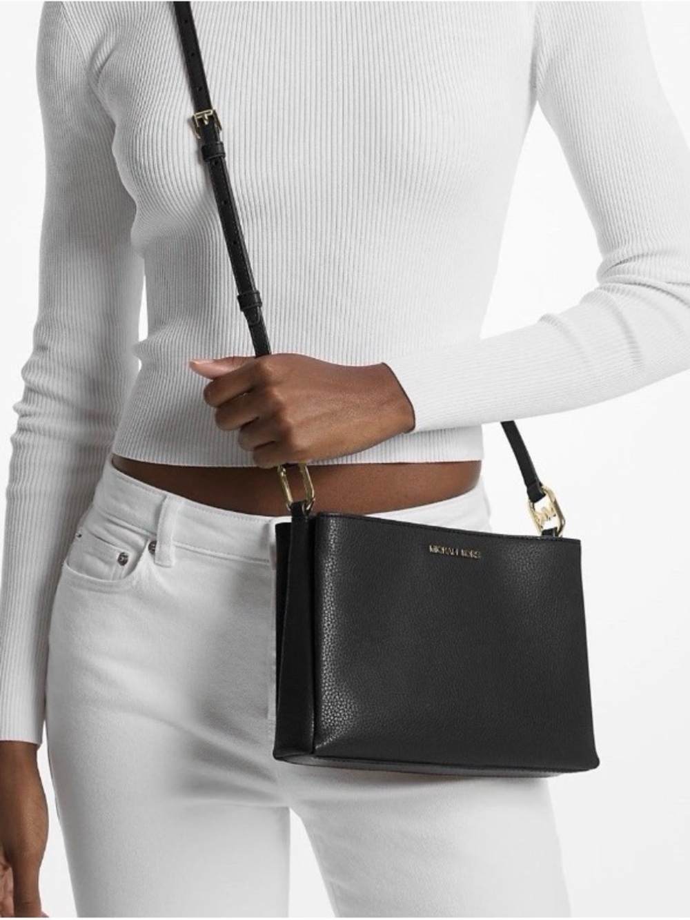 NWT Michael Kors Trisha Women's Leather Crossbody Bag Medium - Black With Gold